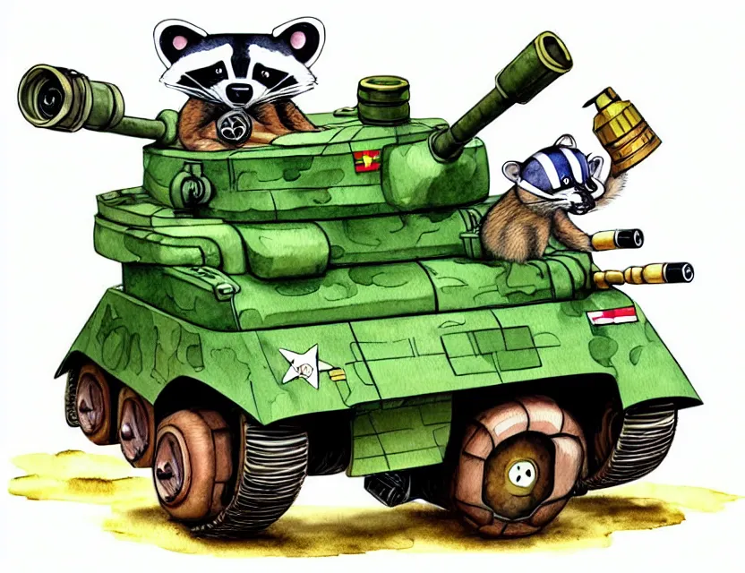 Image similar to cute and funny, racoon wearing army helmet riding in a tiny tank with large cannon, ratfink style by ed roth, centered award winning watercolor pen illustration, isometric illustration by chihiro iwasaki, edited by range murata