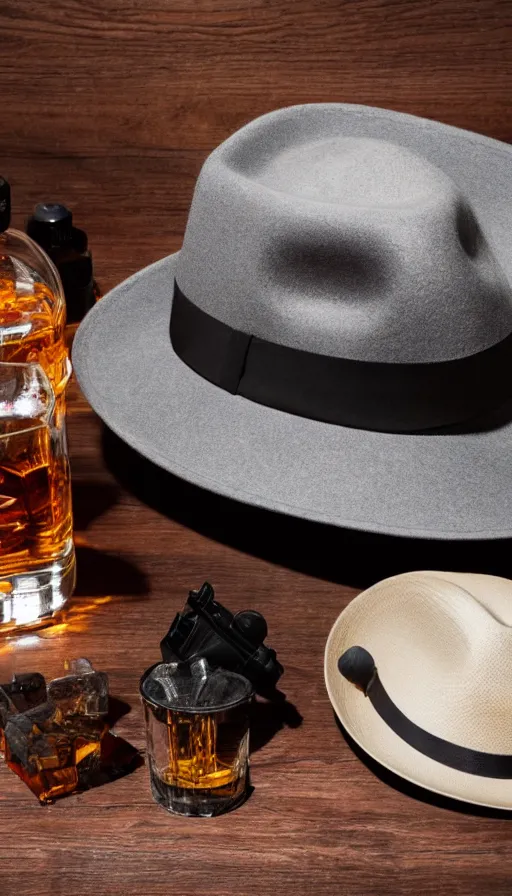 Prompt: a gray fedora with a black hat band is on a dark wood table, next to it is a rocks glass with some bourbon in it, next to it is a toy ray gun, film noir lighting, 8K