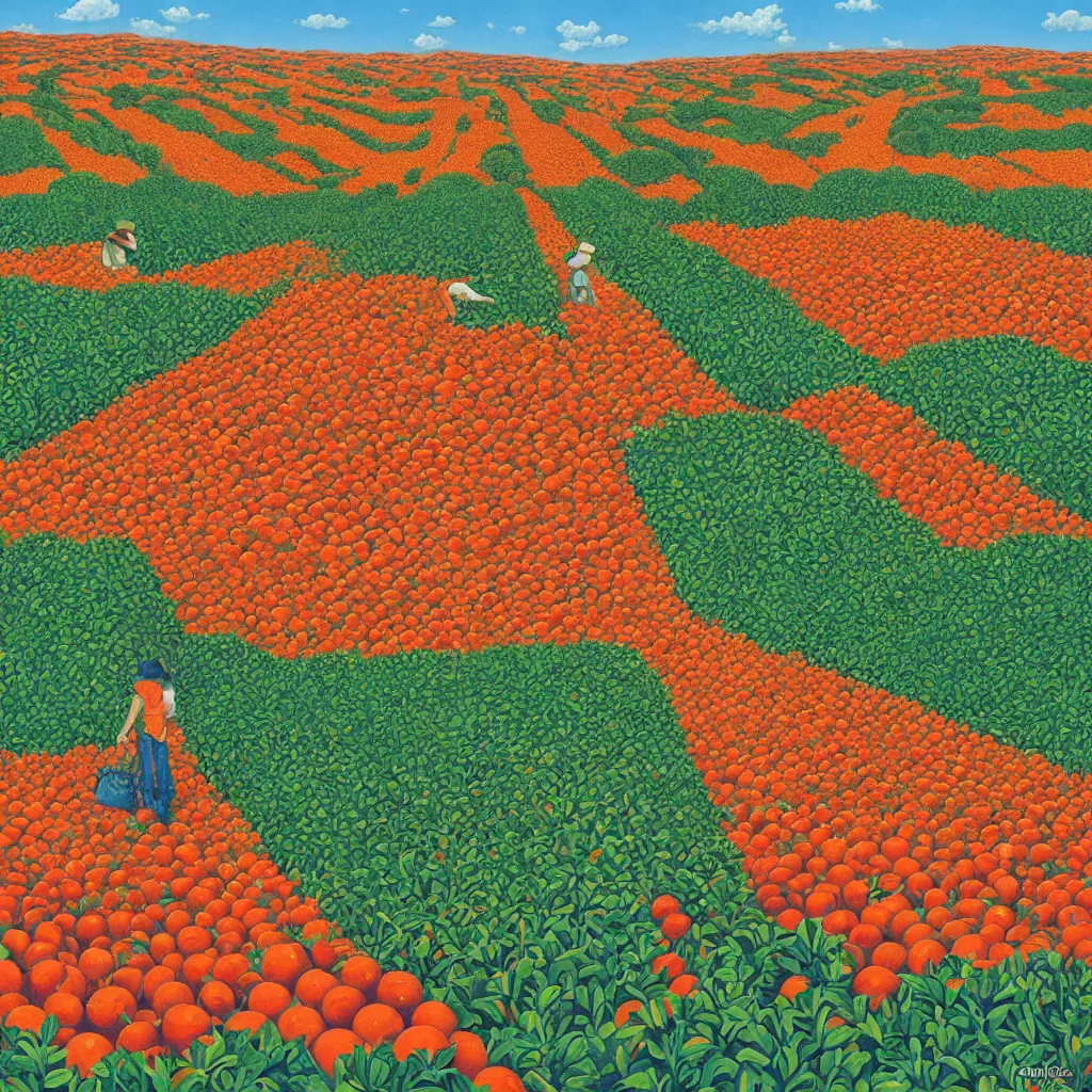 Image similar to a orange strawberry field seen by far in a car riding by, by Rob Gonsalves