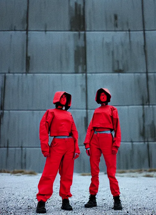 Prompt: cinestill 5 0 d photographic portrait of two clones standing in front of a brutalist metal building, techwear women on a desolate plain, red sky, closeup, depth of field, 4 k, 8 k, hd, full color