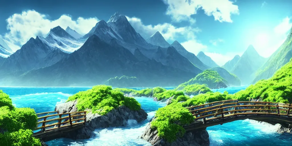 Prompt: concept art, beautiful nature, sunny day, sunshine lighting high mountains, which are higher than white fluffy clouds with green trees on top, a small wooden bridge connecting two mountains, ocean beneath the mountains with clear blue water, whales showing from the waves, cinematic, 8k, highly detailed