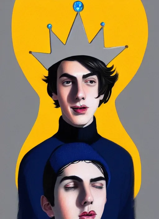 Image similar to portrait of teenage jughead jones wearing a light grey crown, crown, blue turtleneck, 1 9 5 0 s, closed eyes, photorealistic, black hair, glowing lighting, intricate, elegant, glowing lights, highly detailed, digital painting, artstation, concept art, smooth, sharp focus, illustration, art by wlop, mars ravelo and greg rutkowski