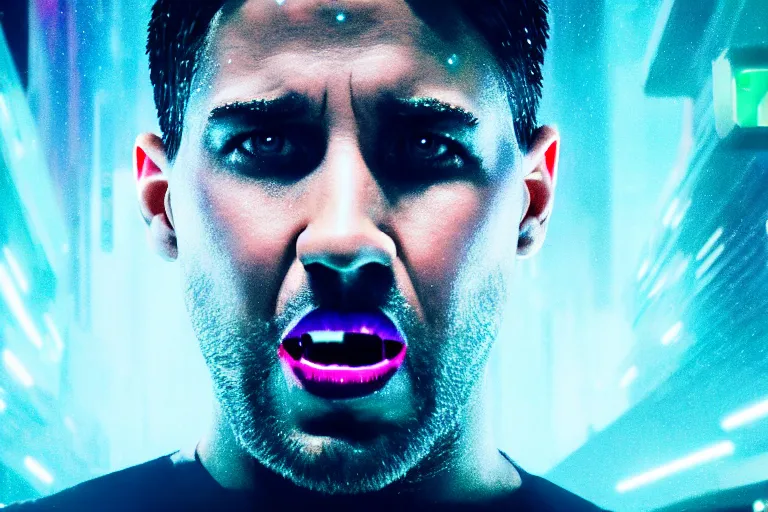 Prompt: a large digital hologram of a screaming face suspended in the air, photography by fred palacio medium full shot still from bladerunner 2 0 4 9, sci fi, bladerunner, canon eos r 3, f / 3, iso 2 0 0, 1 / 1 6 0 s, 8 k, raw, unedited