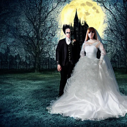 Image similar to a gothic wedding under a full blue moon, realistic, award - winning, 4 k, high resolution, hdr photograph