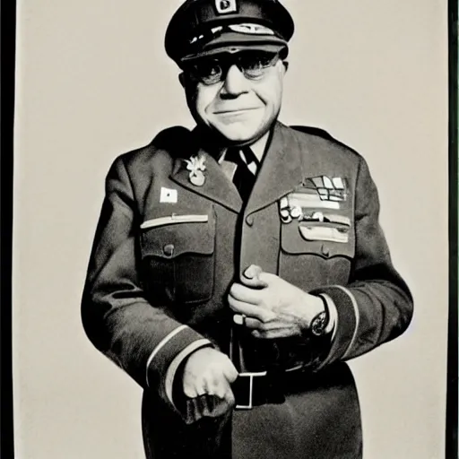 Prompt: 1942 portrait photograph, Danny DeVito in a Nazi officer's uniform