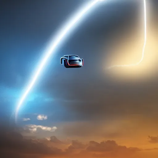 Prompt: futuristic flying car emerging in the sky from a circular portal made of lightning, thunderstorm at night, 8k 28mm cinematic photo