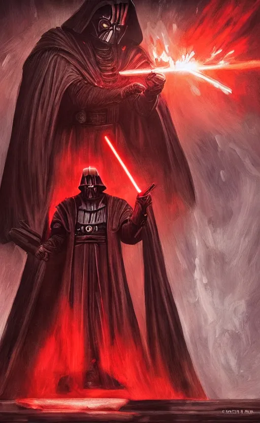 Image similar to « a beautiful painting of darth bane creating a rule of two in an ancient sith temple stylized as a catholic church, very realistic, trendin on artstation »