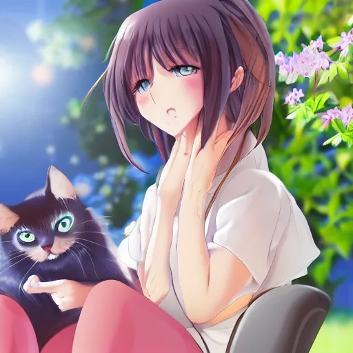 Prompt: anime girl with cat sitting in garden on hot summer, 8k, high quality,