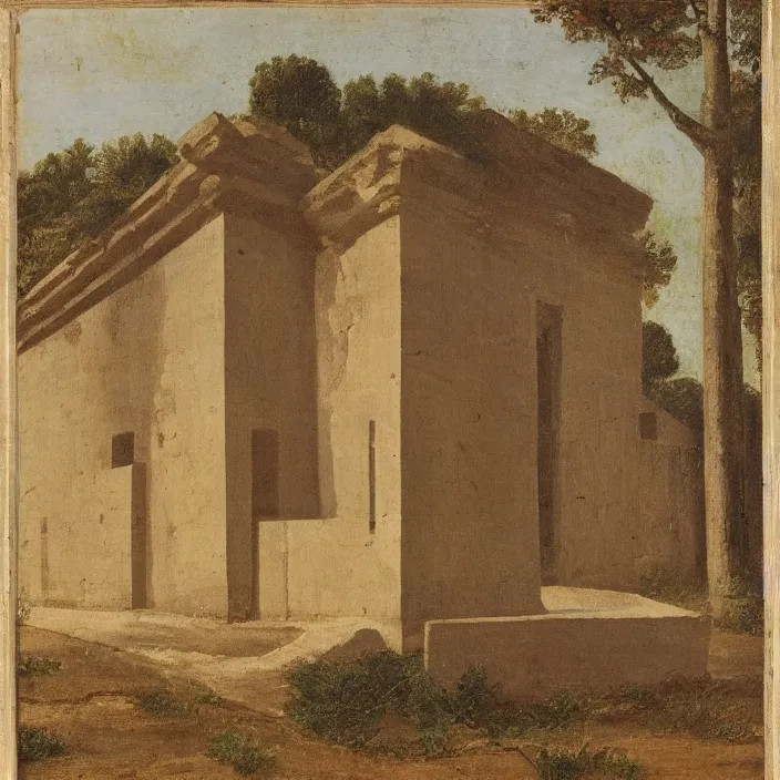 Prompt: a building in a serene landscape, early christian art