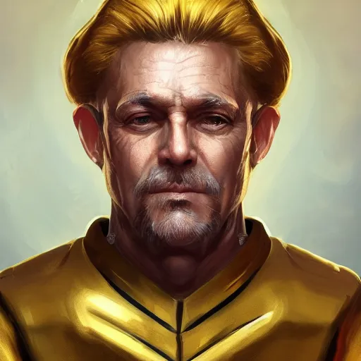 Image similar to a painted portrait of a middle-aged man in a golden suit, D&D, sci-fi, elegant, hopeful, muscular, highly detailed, digital painting, artstation, concept art, smooth, sharp focus, illustration