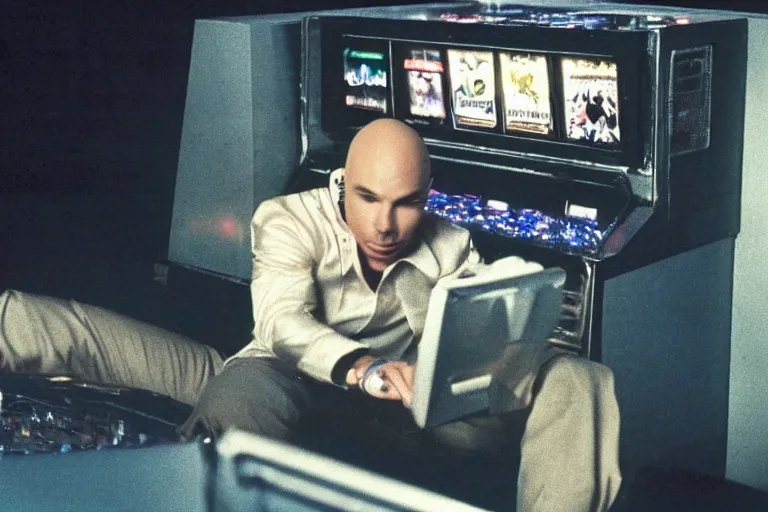 Image similar to pitbull using a computer while trapped in a pinball machine, in 1 9 8 5, y 2 k cybercore, industrial low - light photography, still from a kiyoshi kurosawa movie