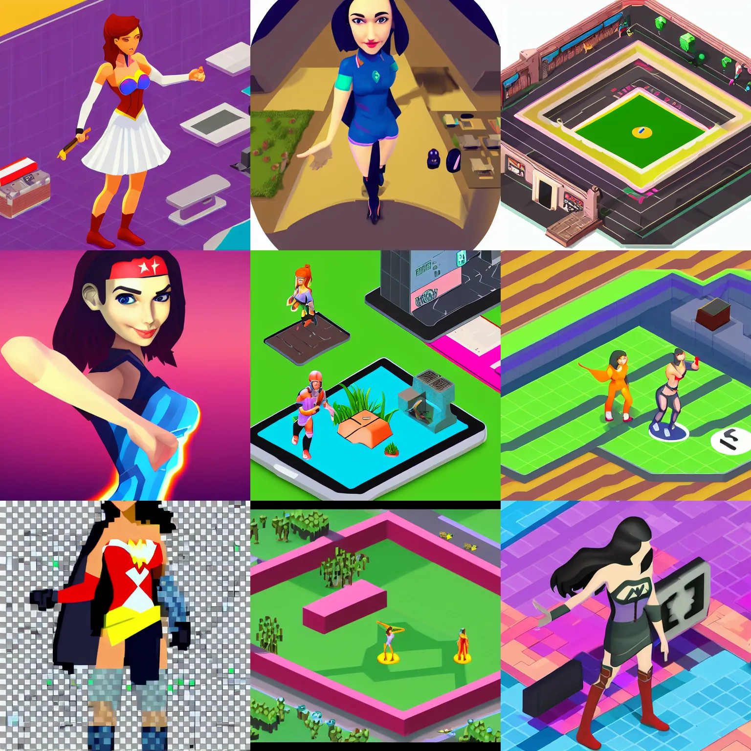 Prompt: isometric view isometric view isometric view video game gal gadot player