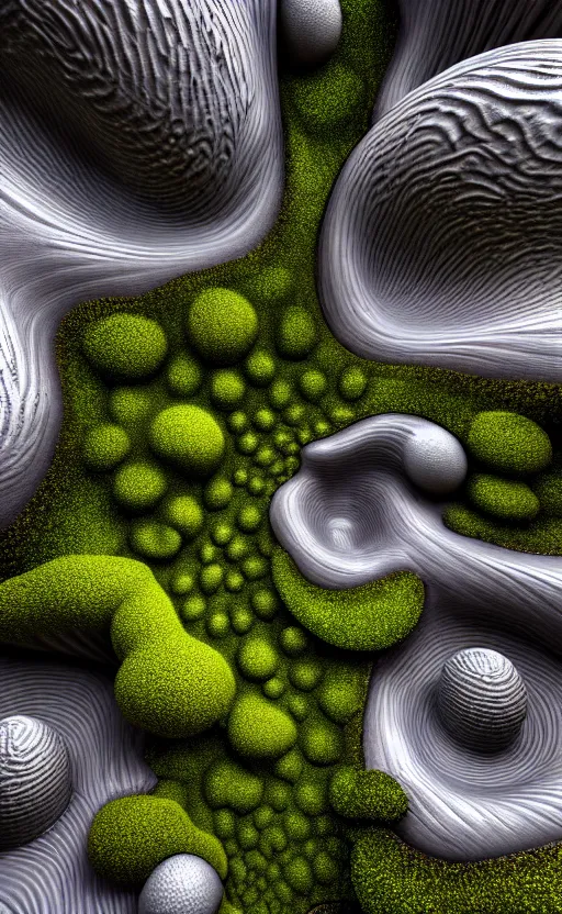 Image similar to highly detailed ultra sharp 3 d render cinematic composition of a smooth ceramic porcelain biomorphic magnolia stone nebula fluid fractal sci - fi surreal architecture landscape, granite, metallic, magnesium, marble, moss and lichen, vincent callebaut composition, mamou - mani, archviz, beautiful lighting, 8 k, unreal engine, hdr,