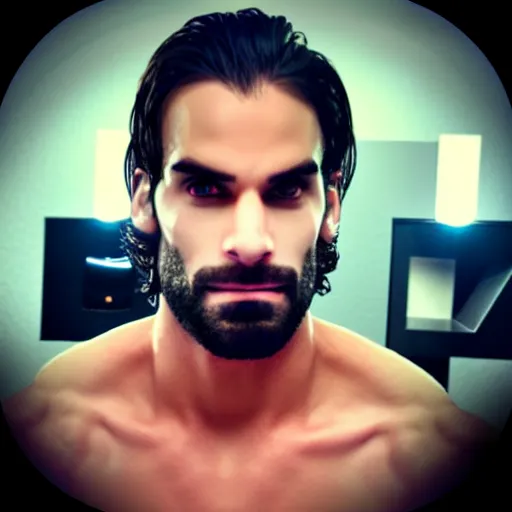 Prompt: “a realistic detailed photo of a guy who is an attractive humanoid who is half robot and half humanoid, who is a male android, Seth Rollins, shiny skin, posing like a statue, blank stare”