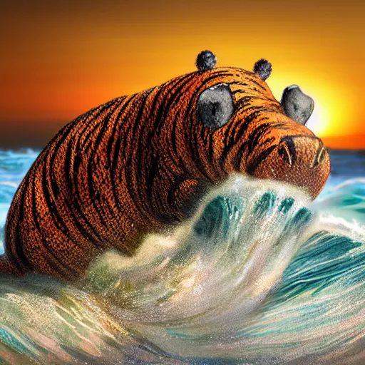 Image similar to a closeup photorealistic photograph of a cute smiling knitted tiger hippopotamus riding a wave at sunset. surf in background. professional capture. brightly lit scene. this 4 k hd image is trending on artstation, featured on behance, well - rendered, extra crisp, features intricate detail, epic composition and the style of unreal engine.