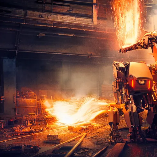 Image similar to toaster mecha head, dark messy smoke - filled cluttered workshop, dark, dramatic lighting, orange tint, sparks, cinematic, highly detailed, sci - fi, futuristic, movie still