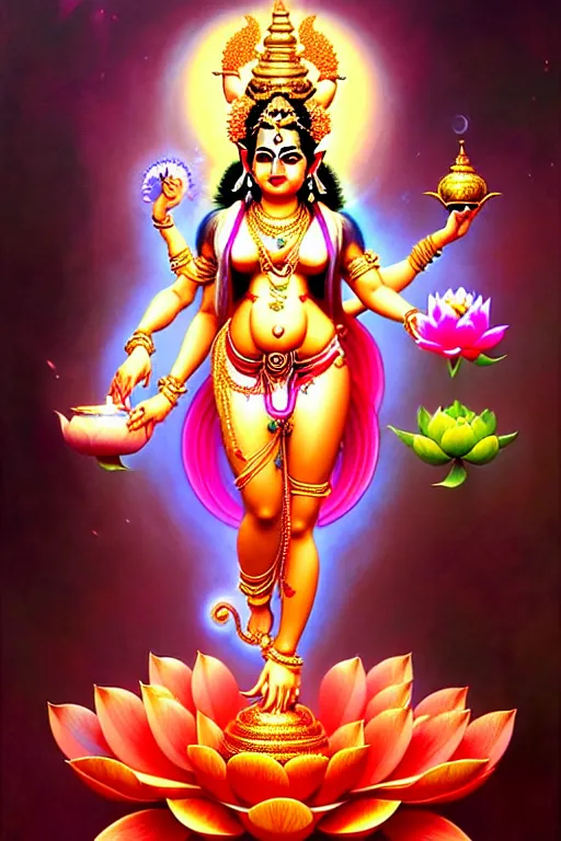 Image similar to beautiful hindu goddess lakshmi fantasy character portrait, four arms, standing on a lotus, single figure composition, full body, chubby, ultra realistic, intricate details, the fifth element artifacts, highly detailed by peter mohrbacher, hajime sorayama, wayne barlowe, boris vallejo, aaron horkey, gaston bussiere, craig mullins