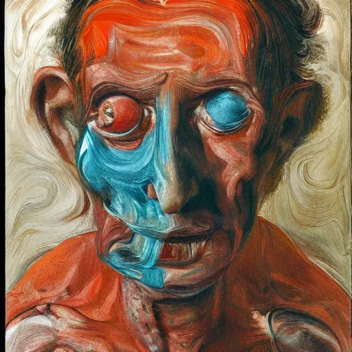 Image similar to high quality high detail painting of a man in agony by lucian freud and jenny saville and francis bacon, hd, anxiety, turquoise and orange