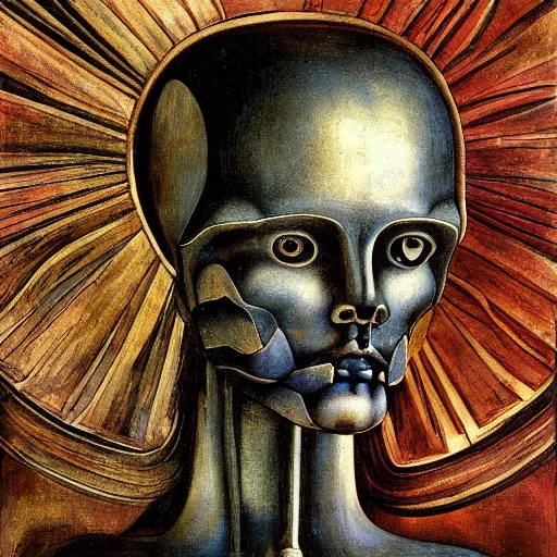 Image similar to the robot wearing the bone crown, by Annie Swynnerton and Diego Rivera, symbolist, dramatic lighting, elaborate geometric ornament, Art Brut ,god rays, soft cool colors,smooth, sharp focus, extremely detailed, Evelyn De Morgan and Adolf Wölfli