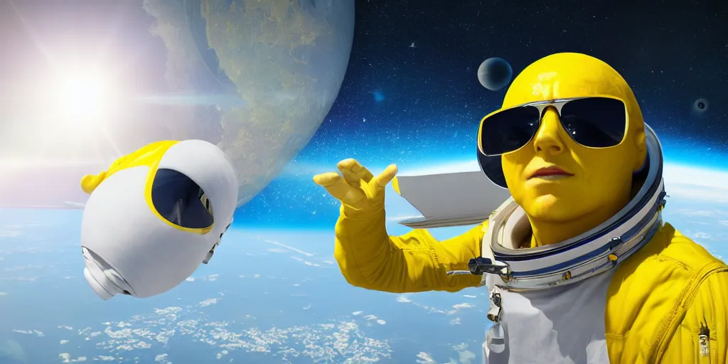 Prompt: ripe lemon astronaut is wearing sunglasses while gazing from the cockpit of space plane at earth from cockpit of space plane. Scene outer space. Background earth. Photorealistic