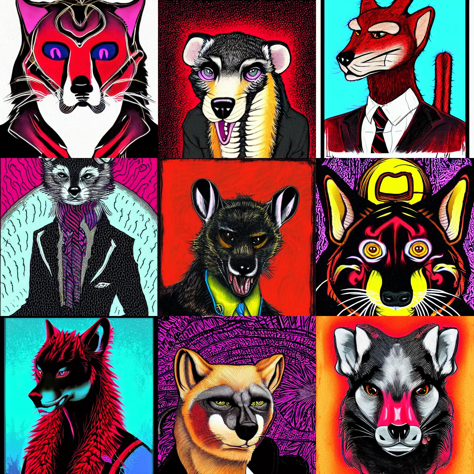 Image similar to handsome weasel fursona portrait, male, red - black, dark psychedelia style, refer to late timothy leary