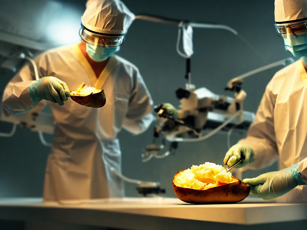 Image similar to surgeon operating on a baked potato, science fiction industrial hard science concept art, 8K render octane high definition cgsociety, photorealistic, unreal engine