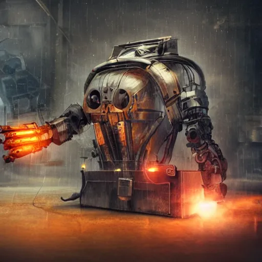 Image similar to toaster mecha head, dark messy smoke - filled cluttered workshop, dark, dramatic lighting, orange tint, sparks, cinematic, highly detailed, sci - fi, futuristic, movie still