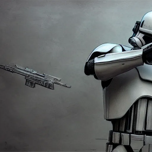 Image similar to an extremely long shot of an imperial stormtrooper in battle position ready to shoot his blaster concept art by Doug Chiang cinematic, realistic painting, high definition, very detailed, extremely high detail, photo realistic, concept art, the Mandalorian concept art style