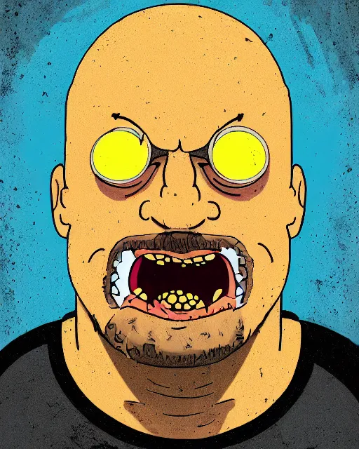 Prompt: portrait of dwayne johnson in the style of justin roiland. ugly, creepy, demonic, horror. cinematic lighting. style of rick & morty. photographic, photography. by justin roiland