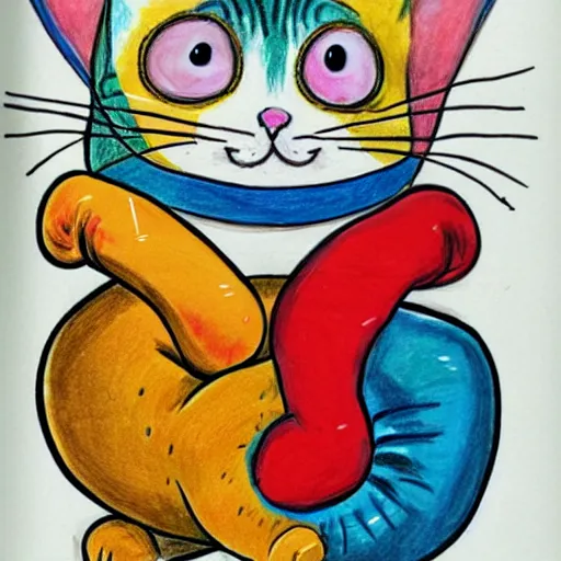 Image similar to a cat boxing with a big worm, cartoony, children's book, pencil drawing, colorful