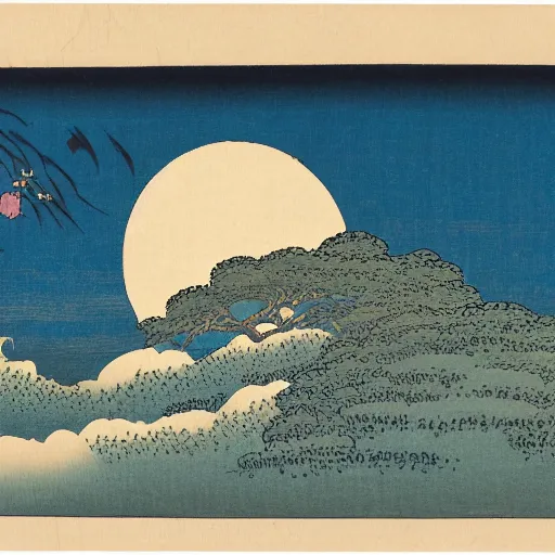 Image similar to a ukiyo - e style woodblock print of a gigantic full moon high in the sky and live rabbit on the ground, landscape and night sky, flat perspective and balanced composition and elegant design and clean and wonderful and beautiful, by katsushika hokusai and kawase hasui