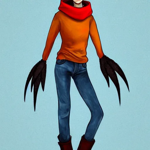 Image similar to humanoid furry! anthro avian!!! fursona, bird!!! female!!! digital art! trending on artstation! subject wearing hoodie and jeans!!