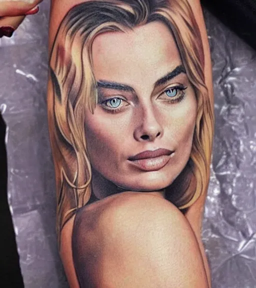 Prompt: A realistic tattoo design of margot robbie on white paper, realism tattoo design, highly detailed tattoo, shaded tattoo, hyper realistic tattoo