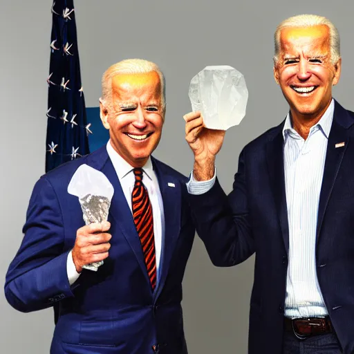 Prompt: UHD photo of Joe Biden holding up a big quartz crystal with Hunter Biden holding a glass pipe, UHD, photorealistic, trending on artstation, trending on deviantart, correct face