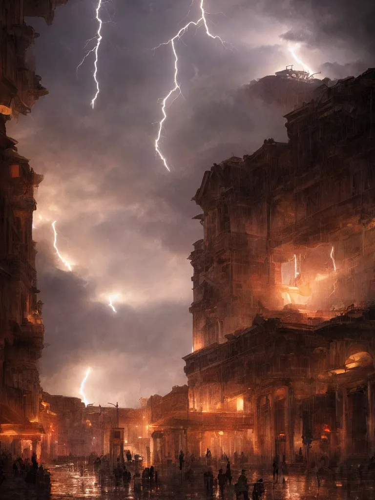 Prompt: epic scenery ancient city of troy under a sky full of lightning, intricate, elegant, volumetric lighting, digital painting, highly detailed, artstation, sharp focus, illustration, concept art, ruan jia, steve mccurry