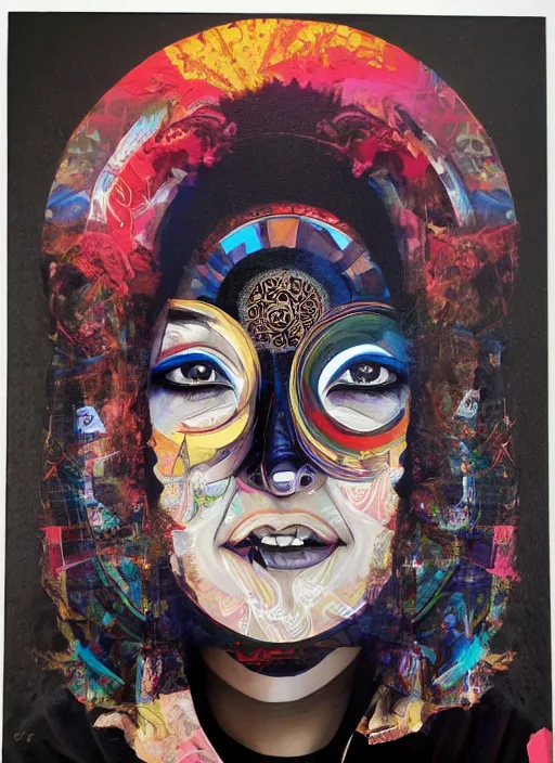 Prompt: collage of gorgeous magic cult psychic woman smiling, third eye, energetic consciousness psychedelic, epic surrealism expressionism symbolism, story telling, iconic, dark robed, oil painting, symmetrical face, dark myth mythos, by Sandra Chevrier, Noriyoshi Ohrai masterpiece cutout layering