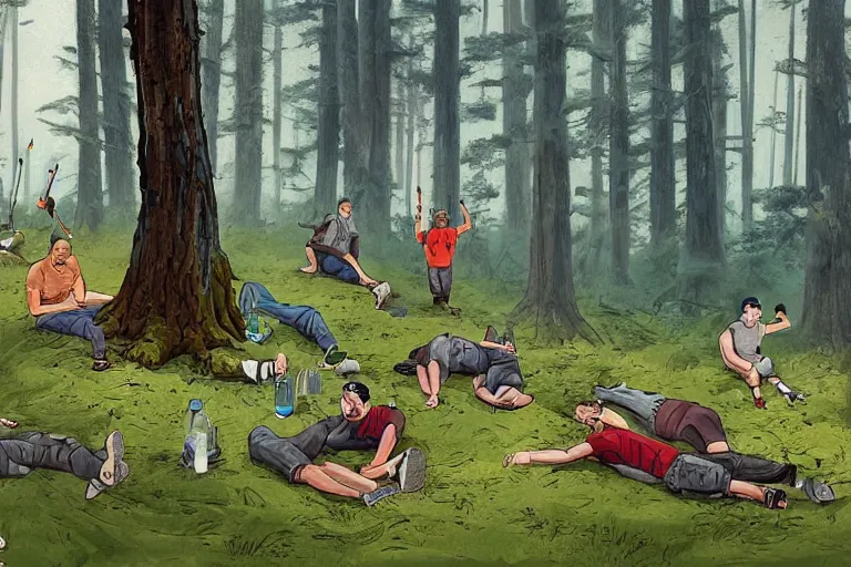 Image similar to mid - thirties guys binge drinking and hiking in a forest, one person pissing on a tree, one person is laying on the ground drunk, in the style of simon stalenhag