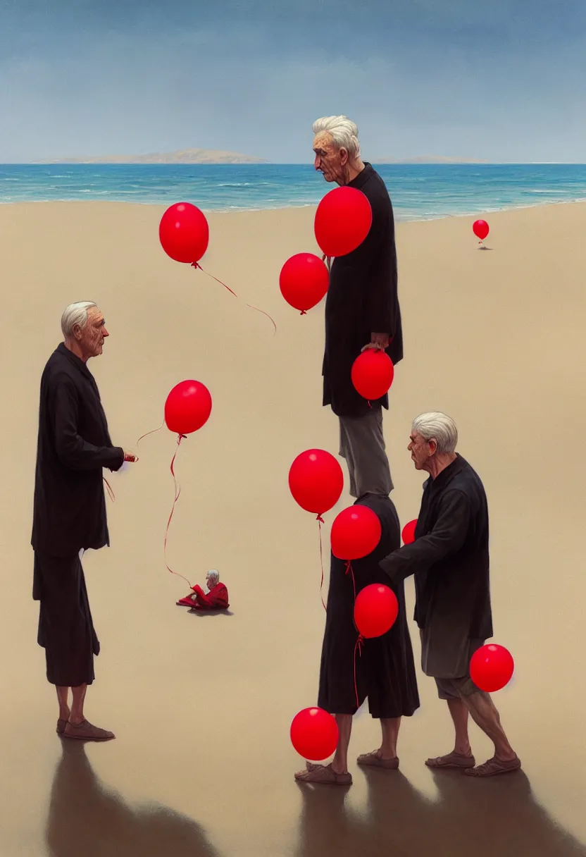 Prompt: lonely old men on the beach, holding red balloons. extremely high fidelity, 8 k, super resolution, cinematic view, super resolution, epic, hyperdetailed, digital painting, artstation, concept art, smooth, sharp focus, octane render, dramatic lighting, art by artgerm and greg rutkowski and alphonse mucha and wlop