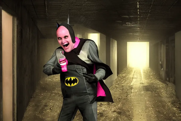 Prompt: michael keaton batman covered in beer wearing pink apron wielding an axe, chasing through old brown decrepit hallway, creepy smile, atmospheric eerie lighting, photorealistic face, dim lighting, bodycam footage, motion blur, photograph, first person shooter perspective with pistol