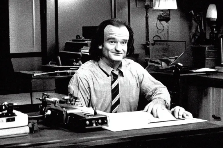 Image similar to Robin Williams as Jack Torrance sitting at desk using typewriter in The Shining 1980