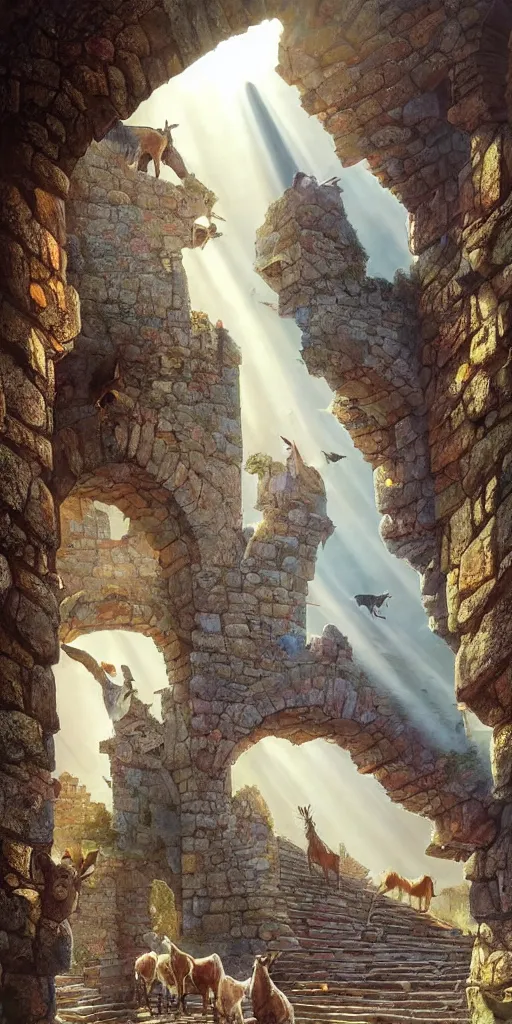 Image similar to a herd of goats!! climbing stairs in a beautiful fantasy castle, medieval city, citadel, magic, tall towers, murals, many goats, sunlight, vivid colors, god rays, digital art, landscape, fantasy art, octane render, unreal engine, high detail, very realistic, by greg rutkowski. by james gurney