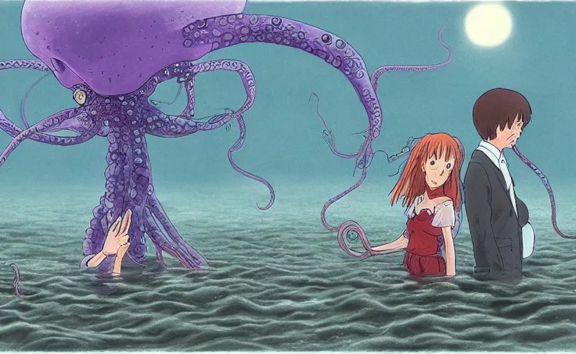 Prompt: a realistic cell - shaded studio ghibli concept art from paprika ( 2 0 0 6 ) of a flying multi - colored octopus from close encounters of the third kind ( 1 9 7 7 ) and a grey long - haired witch in a flooded stonehenge on a misty starry night. very dull colors, wide shot, hd, 4 k, hq