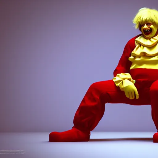 Prompt: Boris Johnson with evil Ronald McDonald body, realistic artstyle, wide shot, dramatic lighting, octane render, hyperrealistic, high quality, highly detailed, HD, beautiful, cinematic, 8k, unreal engine, facial accuracy, symmetrical