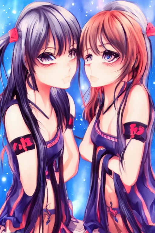 Image similar to a stare down between two beautiful rival female idols, twin tails, detailed anime art