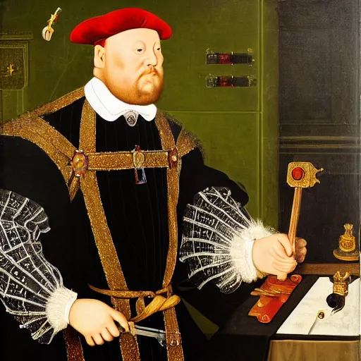 Prompt: king henry viii building a computer pc from scratch with a screwdriver and electronics, funny anachronism, wearing a crown and royal robes, 17th century detailed oil painting