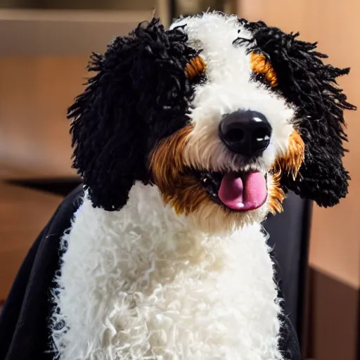 Image similar to a closeup photorealistic photograph of a cute smiling knitted bernedoodle judge dog dressed in a black gown, presiding over the courthouse. indoors, professional capture, well lit shot. this 4 k hd image is trending on artstation, featured on behance, well - rendered, extra crisp, features intricate detail, epic composition and the style of unreal engine.