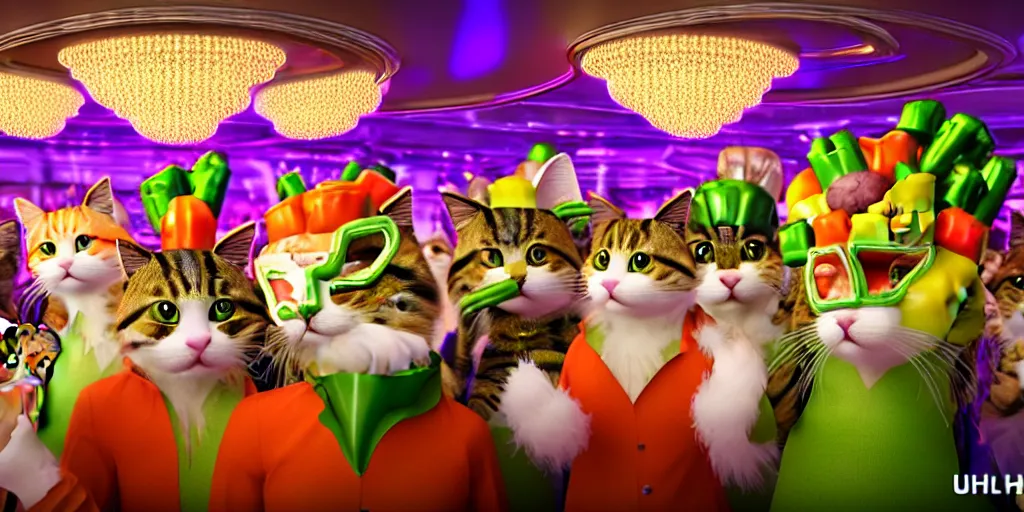 Image similar to 8 k uhd cinema 4 d, octane render of multiple cats dressed as vegetables with vegetables as masks, vegetables dressed as cats with fluffy tails, line dancing at a party, in the ballroom of a luxury cruise liner, beautiful chandeliers from the ceiling, ultra realistic, group photography, 1 0 5 mm lens, multi coloured volumetric lighting