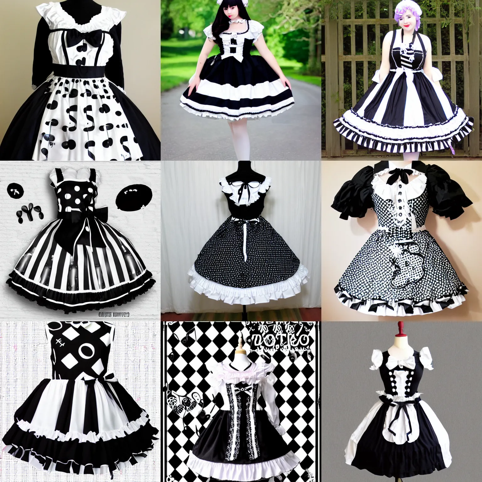 Prompt: a black and white lolita dress coord, music note pattern, music theme, photo