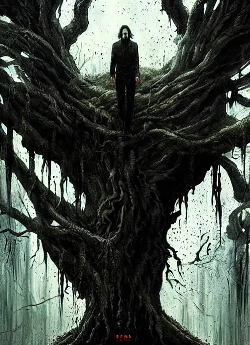 Image similar to highly detailed horror movie poster with angry creepy keanu reeves as a tree, keanu reeves faces in the bark of many trees sentient leafy catastrophe by greg rutkowski, masterpiece, really funny, 1 0 / 1 0 creepy