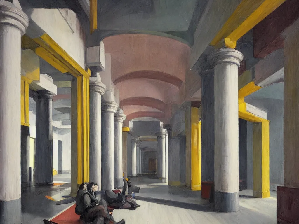 Image similar to colorful minimalist industrial interior hallway with monolithic pillars in the style of ridley scott and stanley kubrick, impossible stijl architecture, crowded with victorian era figures, ultra view angle view, realistic detailed painting by edward hopper